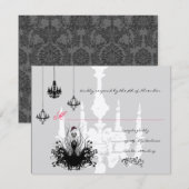 3 Mode voor zwarte luchters Diva Wedding RSVP Kaartje (Voorkant / Achterkant)