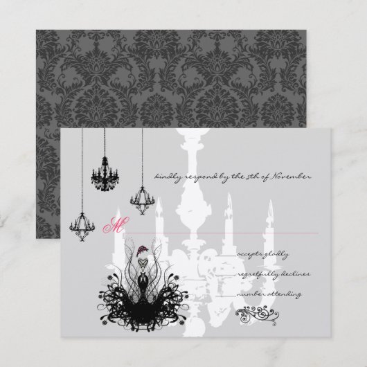 3 Mode voor zwarte luchters Diva Wedding RSVP Kaartje (Voorkant / Achterkant)