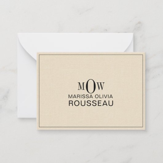3 Monogram Initiaal Naam Faux Bisque Linen Notitiekaartje (Voorkant)