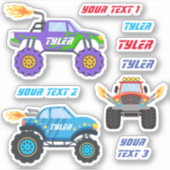 3 Monsterwagens met vlammen, namen en tekstlijnen Sticker (Voorkant)