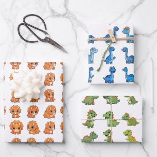 3 Mooie Dinosaurus Patroon Verjaardag Inpakpapier Vel