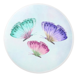 3 Mooie Pastelkleurige Waterverf Vlinders Keramische Knop