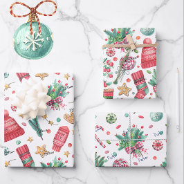 3 Namen, Rood & Groen 19x29 Kerstmis Inpakpapier Vel
