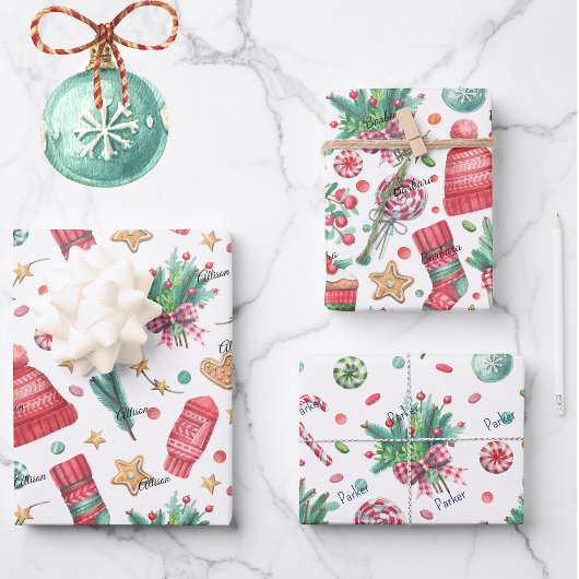 3 Namen, Rood & Groen 19x29 Kerstmis Inpakpapier Vel