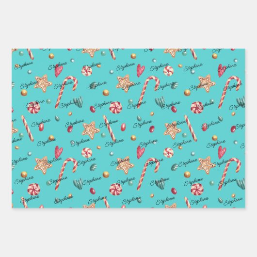 3 Namen Schattige Matching Christmas Snoep 19x29 Inpakpapier Vel (Voorkant)