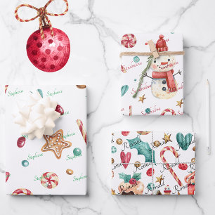 3 Namen Schattigee Kerstman & Snoepjes Inpakpapier Vel