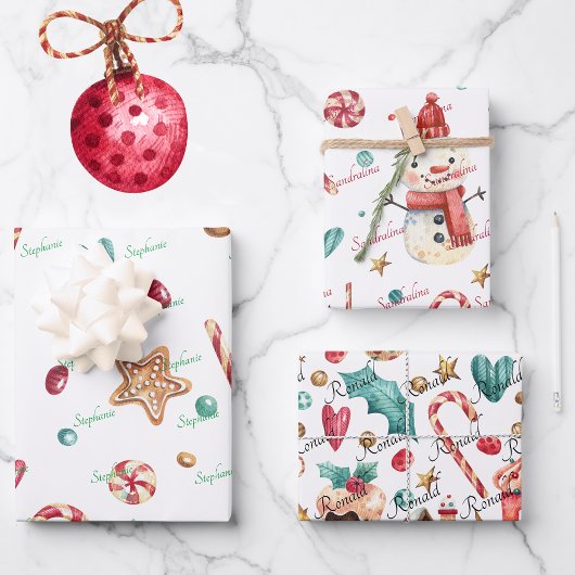 3 Namen Schattigee Kerstman & Snoepjes Inpakpapier Vel