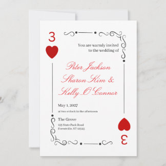 3 of Hearts Throuple Wedding Invitation Kaart