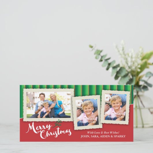 3 omlijstingen op Gestreepte Achtergrond, Kerstmis Feestdagenkaart (Staand voorkant)