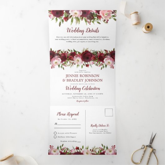 3 op 1 Blush Burgundy Floral Wedding Drieluik Uitnodiging (Binnen)