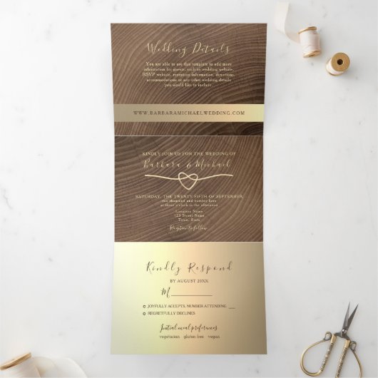 3 op 1 Wood Wedding Tri Fold Invitation Drieluik Uitnodiging (Binnen)