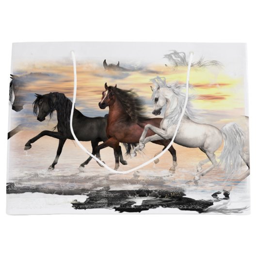 3 Paarden Gift Bag - Lrg, glanzend, paardengrootte Groot Cadeauzakje (Voorkant)