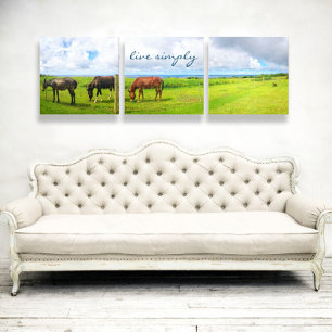 3 Paarden Grazing Foto Tryptic Leef Eenvoudig Schr Canvas Afdruk