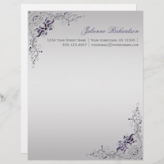 #3 Paarse zilveren bloemmoerassen Letterkop Custom Briefhoofd (Voorkant / Achterkant)