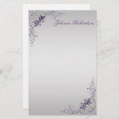 #3  Paarse zilveren bloemwervelingen briefpapier (Voorkant / Achterkant)