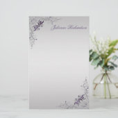 #3  Paarse zilveren bloemwervelingen briefpapier (Staand voorkant)