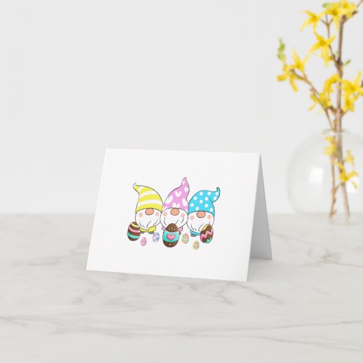 3 paasgnomen kan de jacht op eitjes uit de lente v kaart (Gele Bloem)