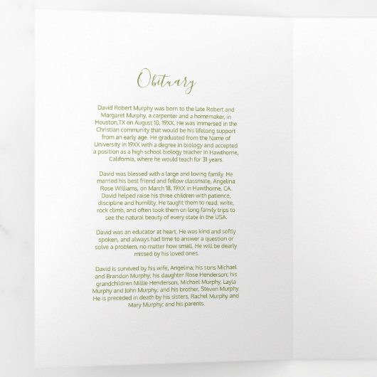 3 Pagina Funeral Order of Service | Memorandum Drieluik Uitnodiging (Binnenzijde eerst)