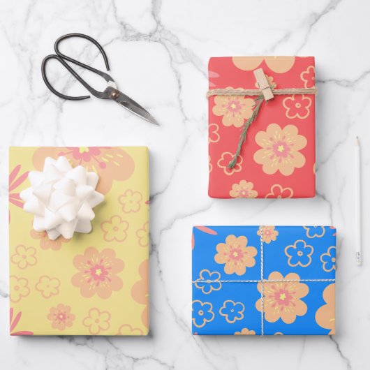 3 Pak het kleurrijke Retro Floral Patroon Inpakpapier Vel (Voorkant)