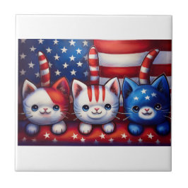 3 Patriotic Kittens In A Scene With American Flag  Tegeltje