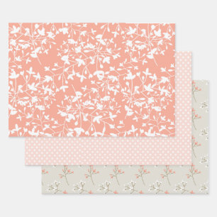 3 pc's Set Perzik en Tan Floral en Roze Polka Dots Inpakpapier Vel