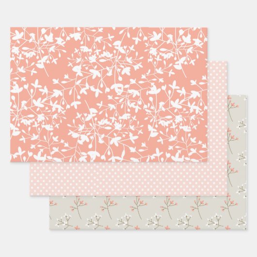 3 pc's Set Perzik en Tan Floral en Roze Polka Dots Inpakpapier Vel (Set)