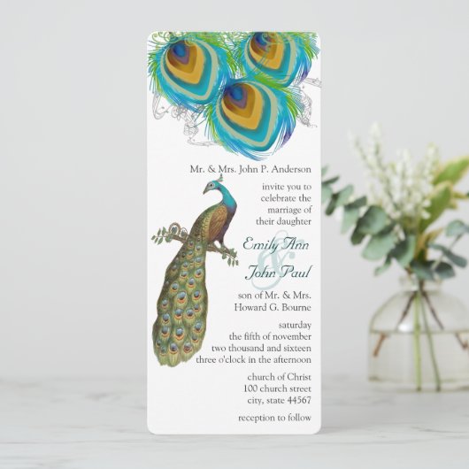 3 Peacock Feathers Art Deco Wedidng Invite Kaart (Staand voorkant)