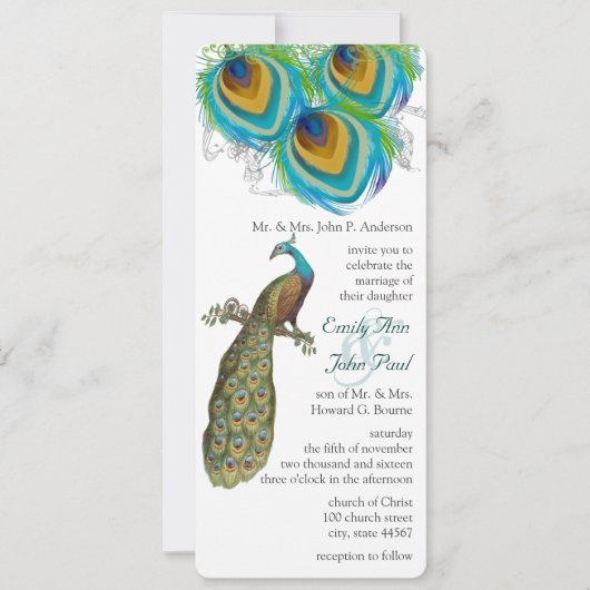 3 Peacock Feathers Art Deco Wedidng Invite Kaart (Voorkant)