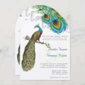 3 Peacock Feathers Art Deco Wedidng Invite Kaart (Voorkant / Achterkant)