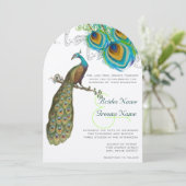 3 Peacock Feathers Art Deco Wedidng Invite Kaart (Staand voorkant)