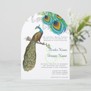 3 Peacock Feathers Art Deco Wedidng Invite Kaart