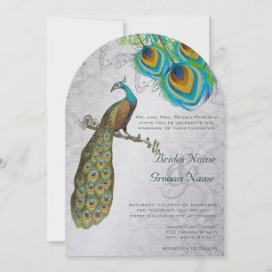 3 Peacock Feathers Art Deco Wedidng Invite Kaart