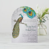3 Peacock Feathers Art Deco Wedidng Invite Kaart (Staand voorkant)