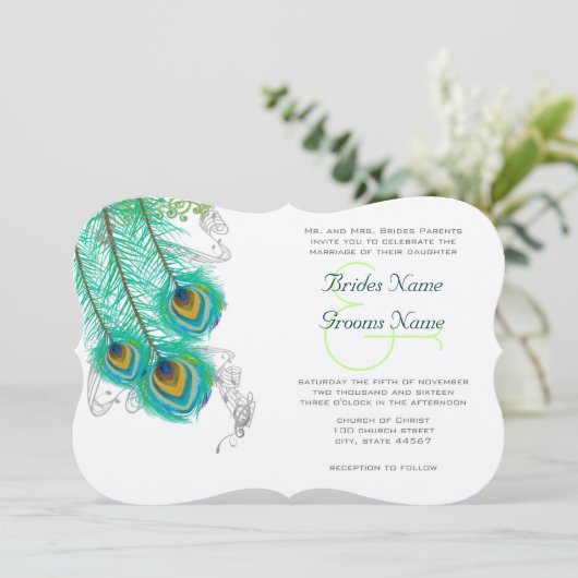 3 Peacock Feathers Wedidng Invite Kaart (Staand voorkant)