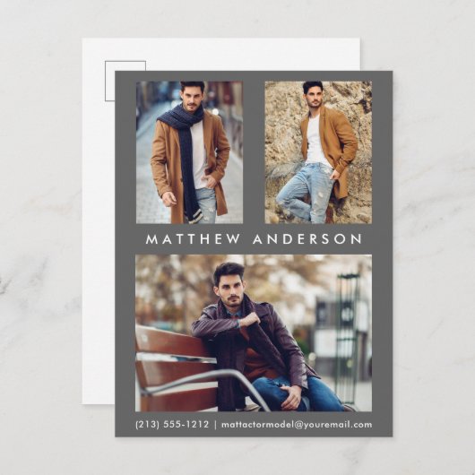 3 Photo Actor Model Comp Card Briefkaart grijs (Voorkant / Achterkant)