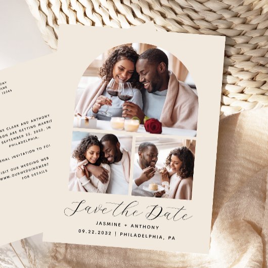 3-Photo Arch Collage Beige Bewaar de datum Briefkaart