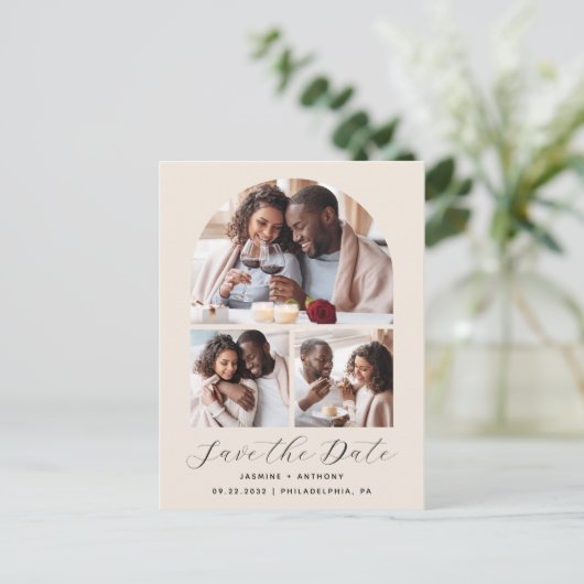 3-Photo Arch Collage QR Code Beige Bewaar de datum Briefkaart (Staand voorkant)