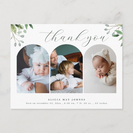 3 Photo Arch Elegant Groen Nieuwe Baby Dank U Briefkaart (Voorkant)