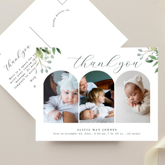 3 Photo Arch Elegant Groen Nieuwe Baby Dank U Briefkaart