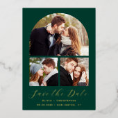 3-Photo Arch Emerald Green Gold Bewaar de datum Folie Uitnodiging (Voorkant)