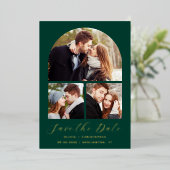 3-Photo Arch Emerald Green Gold Bewaar de datum Folie Uitnodiging (Staand Voorkant)