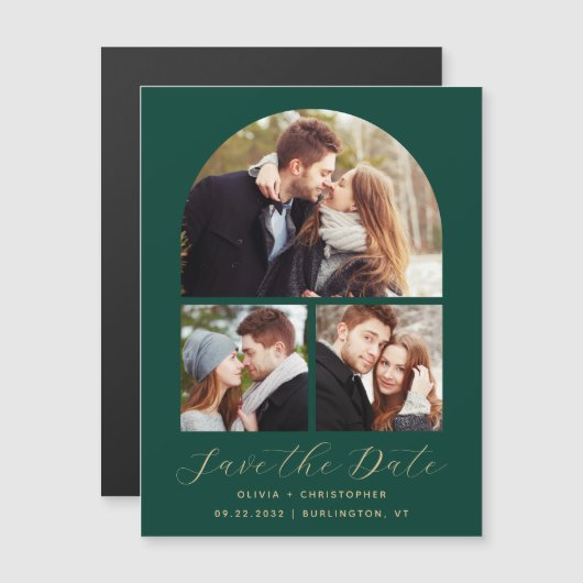 3-Photo Arch Emerald Green Gold Bewaar de datum Magnetische Uitnodiging (Voorkant / Achterkant)