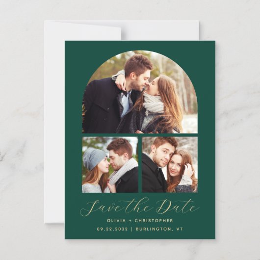 3-Photo Arch Emerald Green Gold Bewaar de datum Magnetische Uitnodiging (Voorkant)