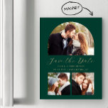 3-Photo Arch Emerald Green Gold Bewaar de datum Magnetische Uitnodiging<br><div class="desc">Deze eenvoudige,  minimalistische Save the Date-magneetkaart heeft een aangepaste fotoboog boven de woorden "Save the Date" in elegant goudkleurig handschrift,  gevolgd door de namen van het paar,  de trouwdatum en de stad in schreefloos lettertype op een smaragdgroene achtergrond. Twee kleinere,  vierkante foto's verschijnen aan de onderkant van de kaart.</div>