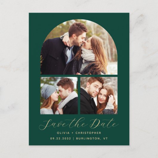 3-Photo Arch Emerald Green QR-code Bewaar de datum Briefkaart (Voorkant)