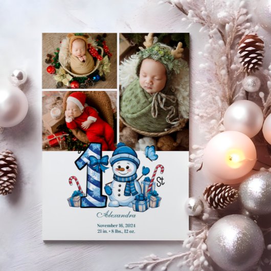 3 Photo Blue Snowman First Christmas Feestdagenkaart
