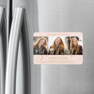 3 Photo Blush Pink & Gold Afstuderen Aankondiging Magneet