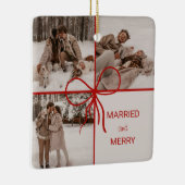 3 Photo Bow Wrap Christmas Newlyweds Modern Keramisch Ornament (Rechts)