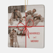 3 Photo Bow Wrap Christmas Newlyweds Modern Keramisch Ornament (Links)