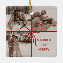 3 Photo Bow Wrap Christmas Newlyweds Modern Keramisch Ornament